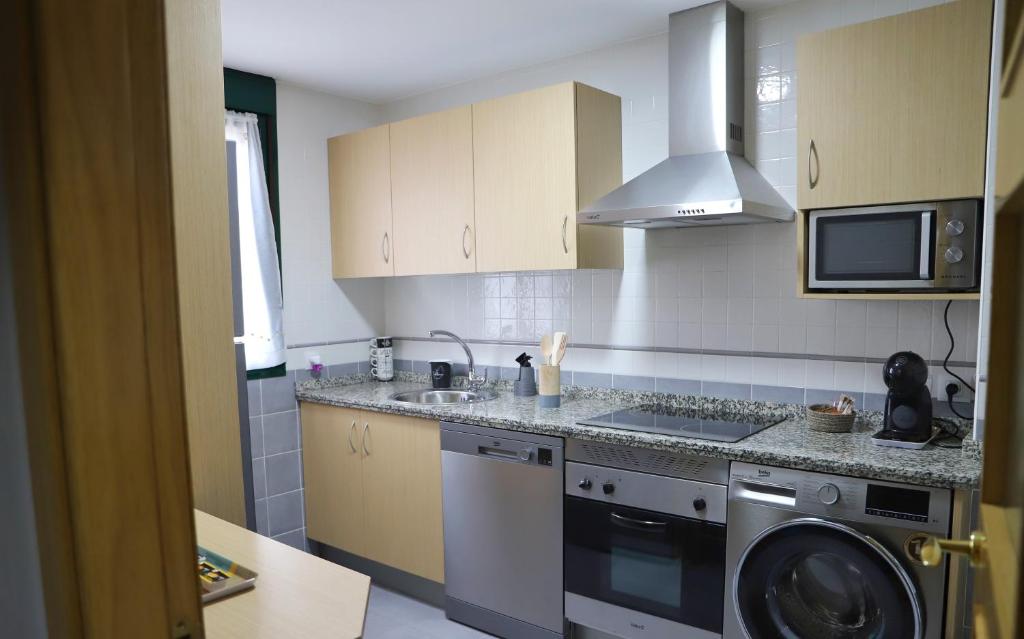 a kitchen with a washer and a sink and a dishwasher at Apartamento Turístico El Canalizo II in Candelario