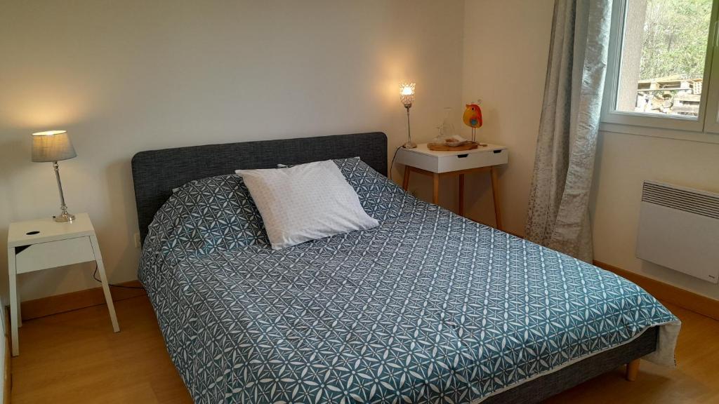 a bedroom with a bed with a blue comforter and a window at La Maison d'Alruna in Beauchalot
