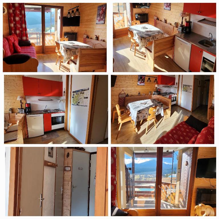 un collage de quatre photos d'une cuisine et d'une pièce dans l'établissement Charmant studio 5 personnes style montagnard, à Gresse-en-Vercors