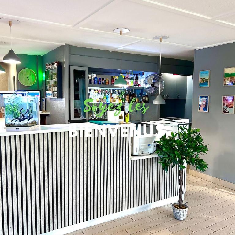 una cocina con un bar con una planta en Campanile Marmande, en Marmande