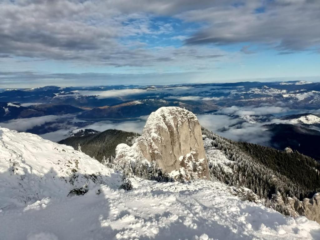 a rock sitting on top of a snow covered mountain at Palazzo Transylvania-Bran in Sohodol