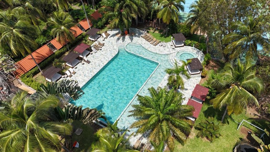 an overhead view of a swimming pool with palm trees at Hotel Coucoue Lodge in Assinie