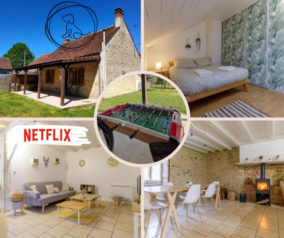 a collage of pictures of a house with a pool table at Maison de campagne rénovée proche Argenton Sur creuse in Célon