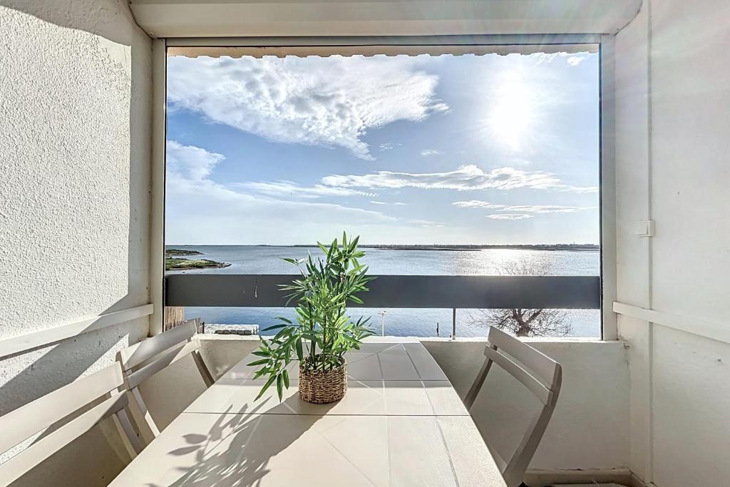 une table avec une plante en pot dans une pièce avec une fenêtre dans l'établissement Le Graziot - Appartement face à l'étang du Grazel, à Gruissan