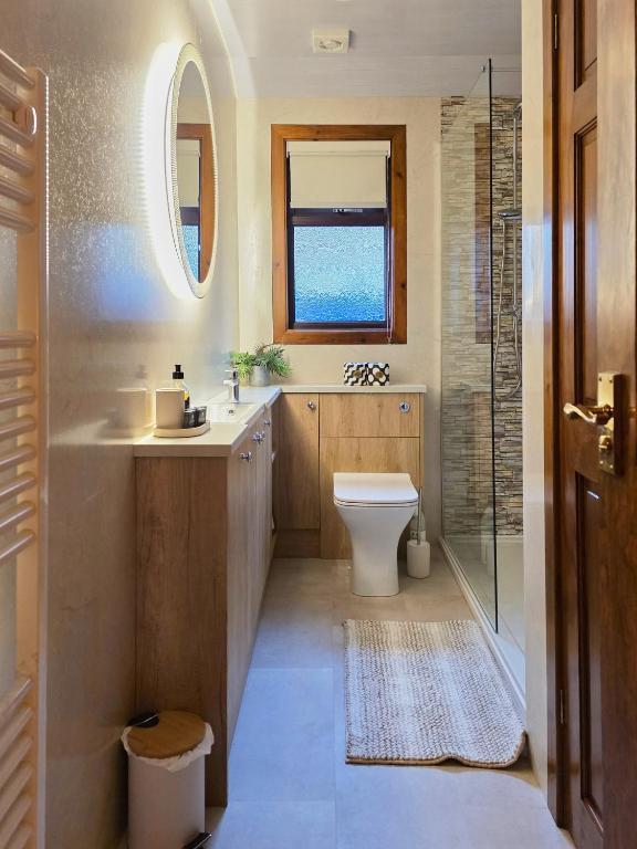 Koupelna v ubytování Luxury Wood Lodge with sauna, log burner & private woodland garden - Wnion Wood Lodge