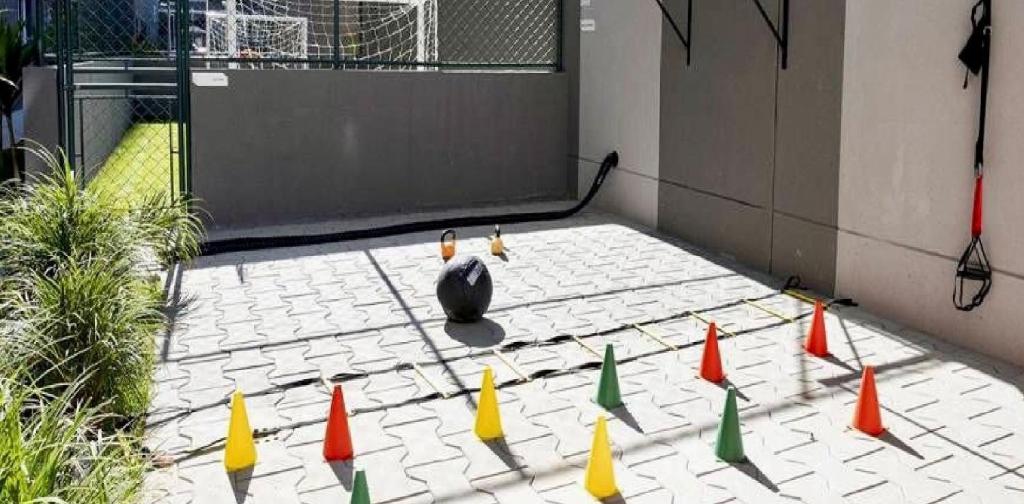 a bird sitting on a patio with cones on the ground at Moov Brás 159 B T2 - Rua Coronel Mursa, 56, Brás, São Paulo - Ap 159 B TORRE 2 - 15 ANDAR in Sao Paulo