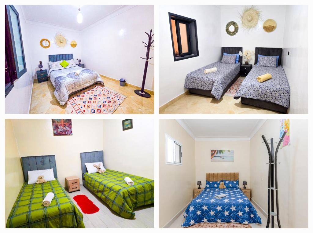 un collage di quattro foto di una camera da letto di two appartements in same house with rooftop ad Agadir