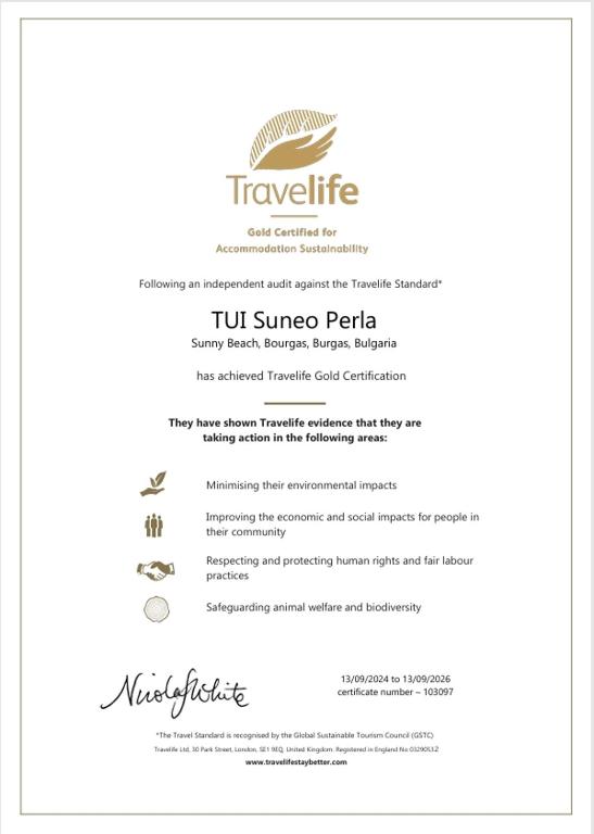 Certifikát, hodnocení, plakát nebo jiný dokument vystavený v ubytování TUI SUNEO Perla All inclusive