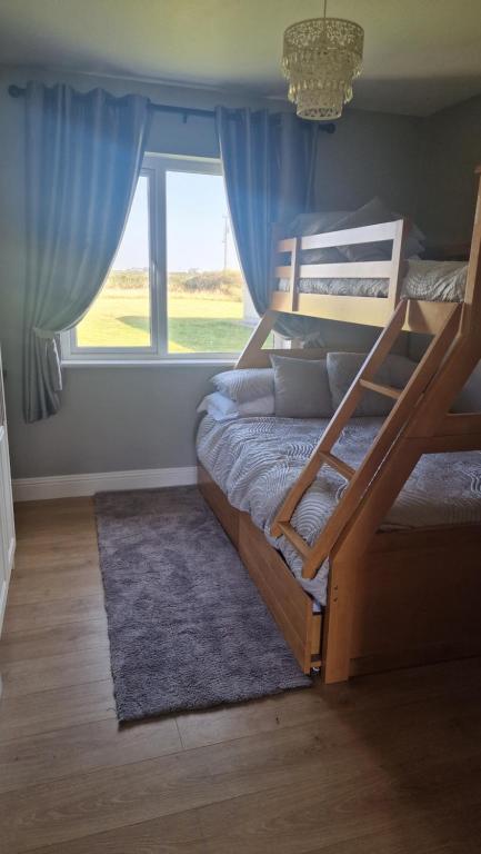 a bedroom with a bunk bed and a window at Shanadune in Tralee