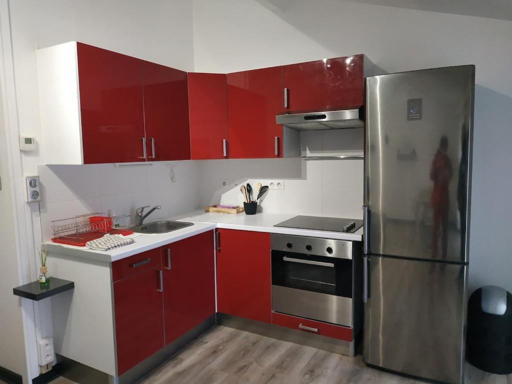La cuisine est équipée de placards rouges et d'un réfrigérateur en acier inoxydable. dans l'établissement Très bel F2 à deux pas du centre ancien, au Puy-en-Velay