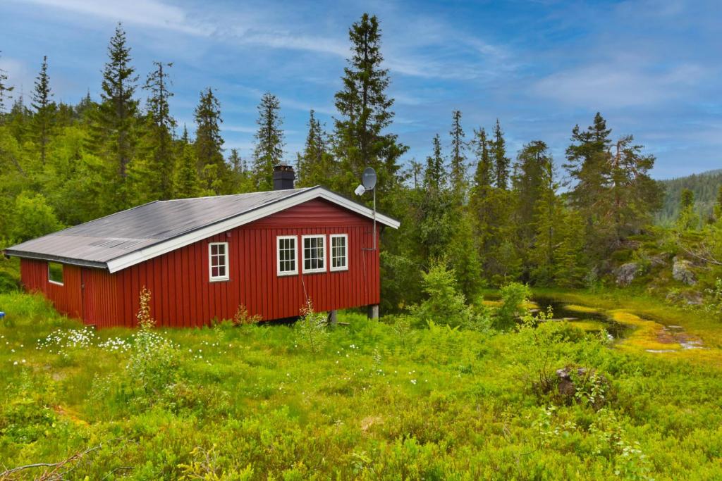 a red cabin in a field of grass with trees at Fjellhytten by Norgesbooking - cozy traditional cabin in Dalen