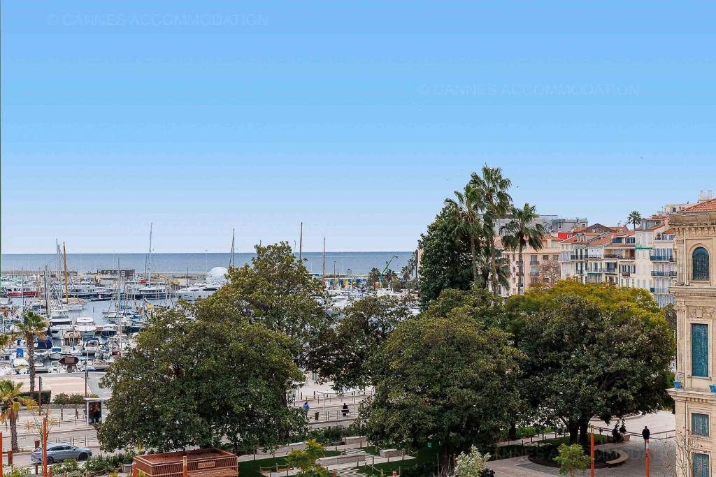 un groupe d'arbres dans une ville avec un port dans l'établissement Carrousel stud, à Cannes