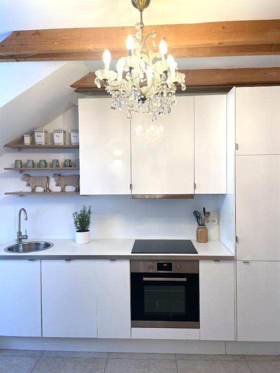 Kuchyň nebo kuchyňský kout v ubytování Große Wohnung mit Dachterrasse in Starnberg