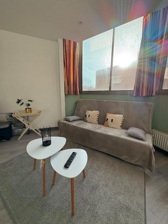 un salon avec un canapé et deux tables dans l'établissement L'appartement Tour du Reuze, à Dunkerque