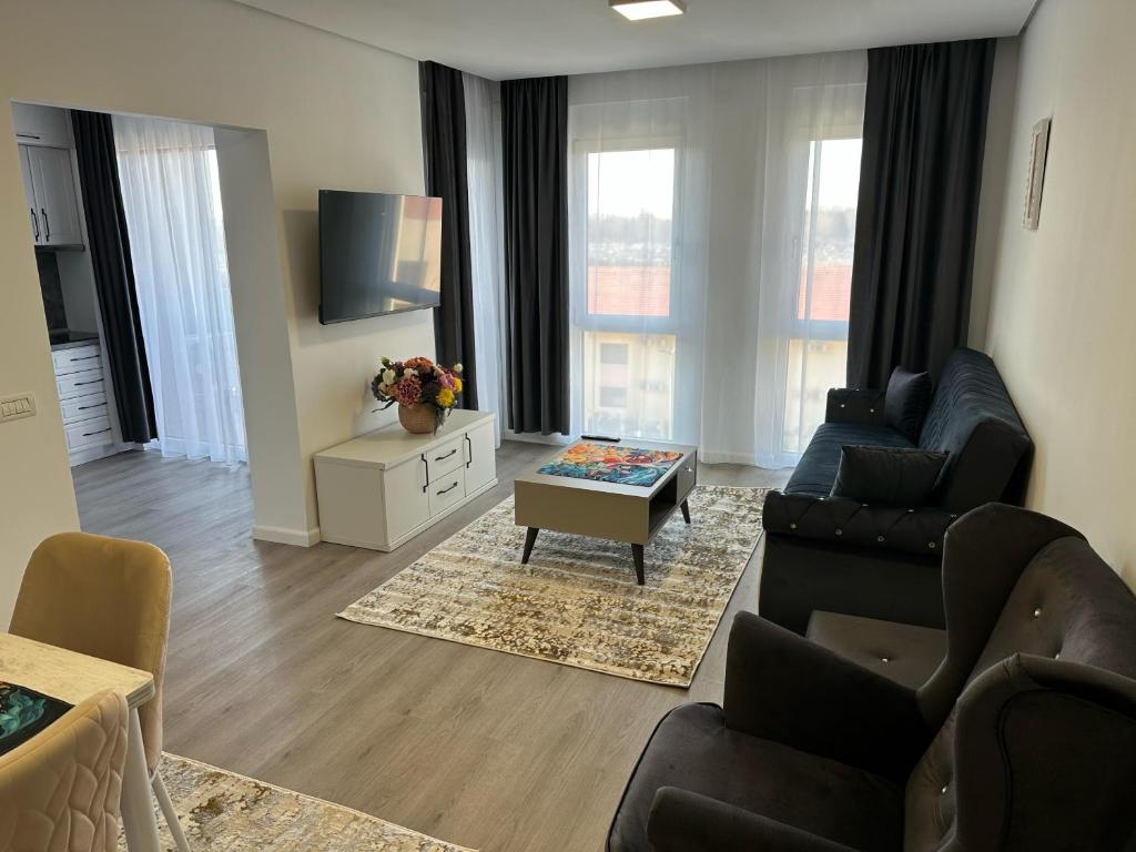 Una sala de estar con un sofá y un televisor. en Apartament Elizabeth De Luxe Apart Hotel, en Oradea