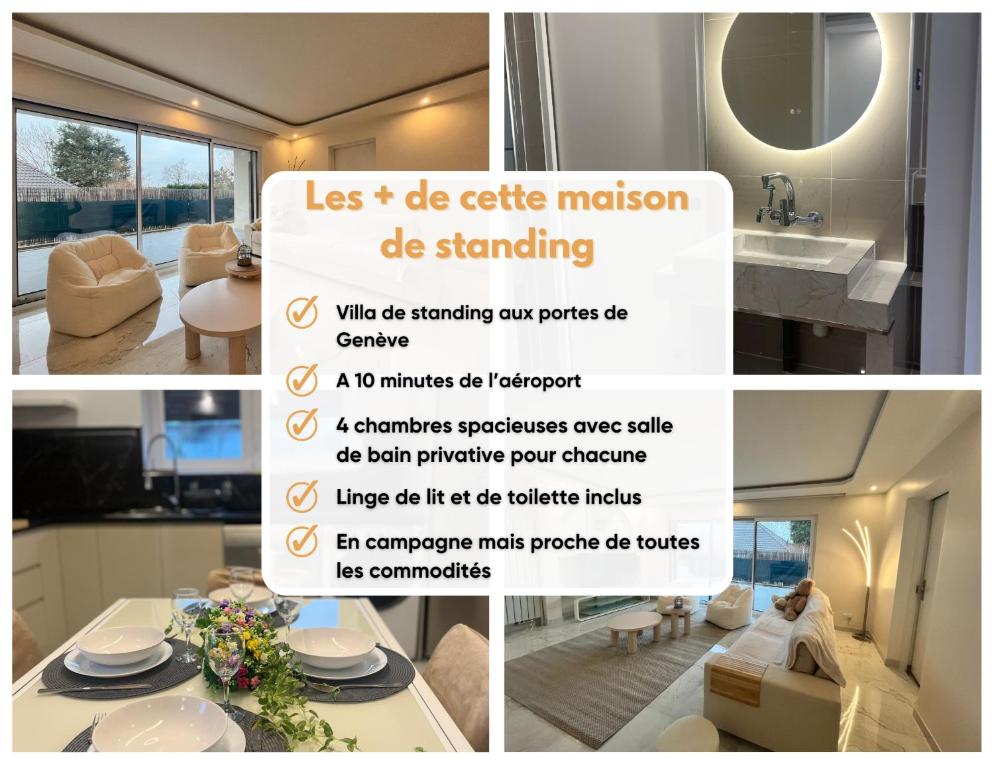 un collage de trois photos d'une cuisine et d'une salle de bains dans l'établissement Luxury villa, 4 suites with bathroom, near Geneva, à Saint-Julien-en-Genevois