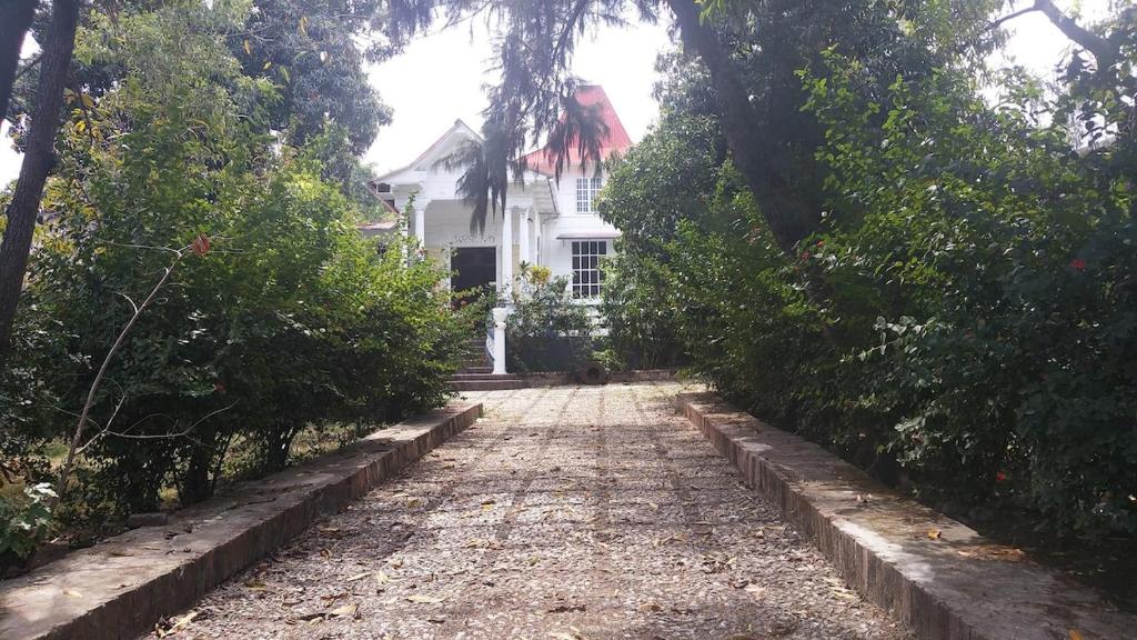 una strada di ciottoli di fronte a una casa bianca di House Colonial Style a La Hatte