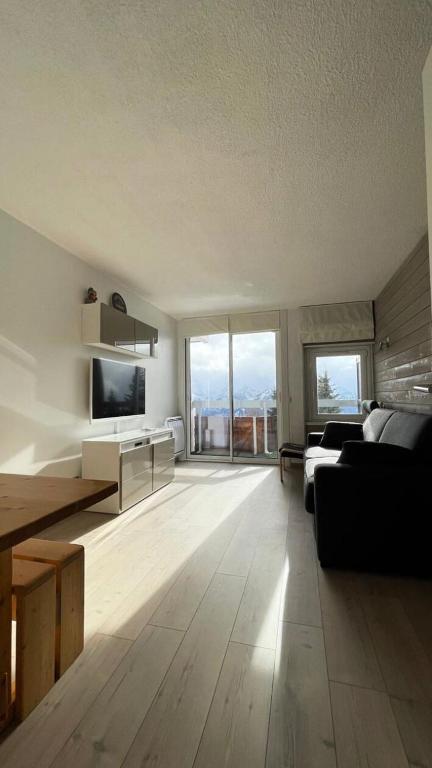 un grand salon avec un canapé et une télévision dans l'établissement Résidence Roche Mantel - APPARTEMENT ALPE D'HUEZ 25m2 ECLOSE EST MAE-0551, à Huez