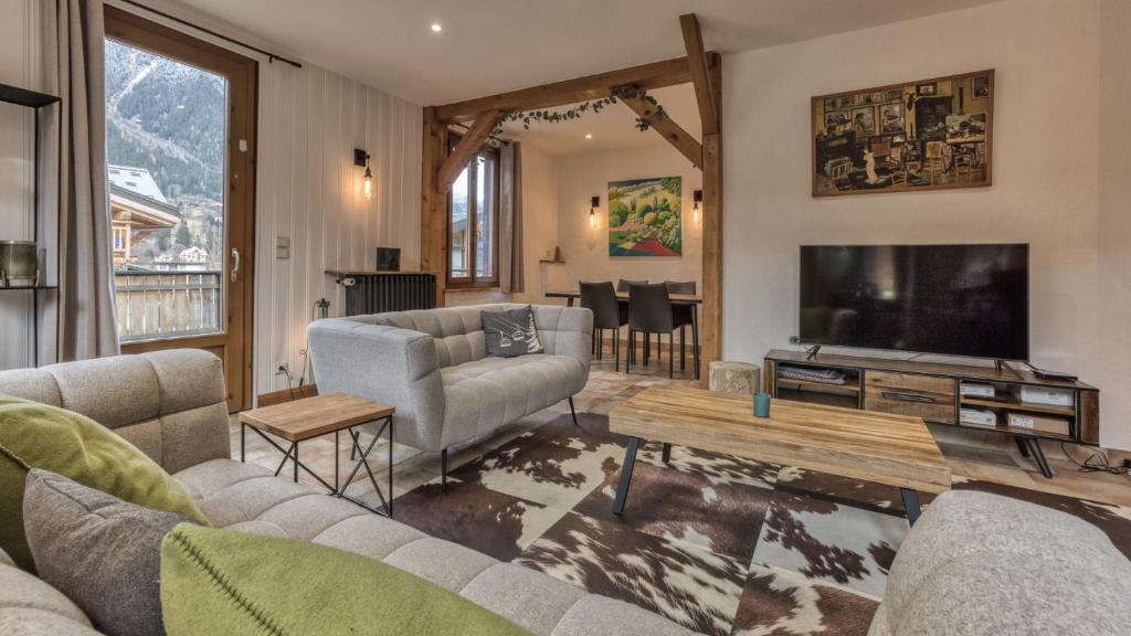 un salon avec un canapé et une télévision dans l'établissement Chalet Para, à Chamonix-Mont-Blanc