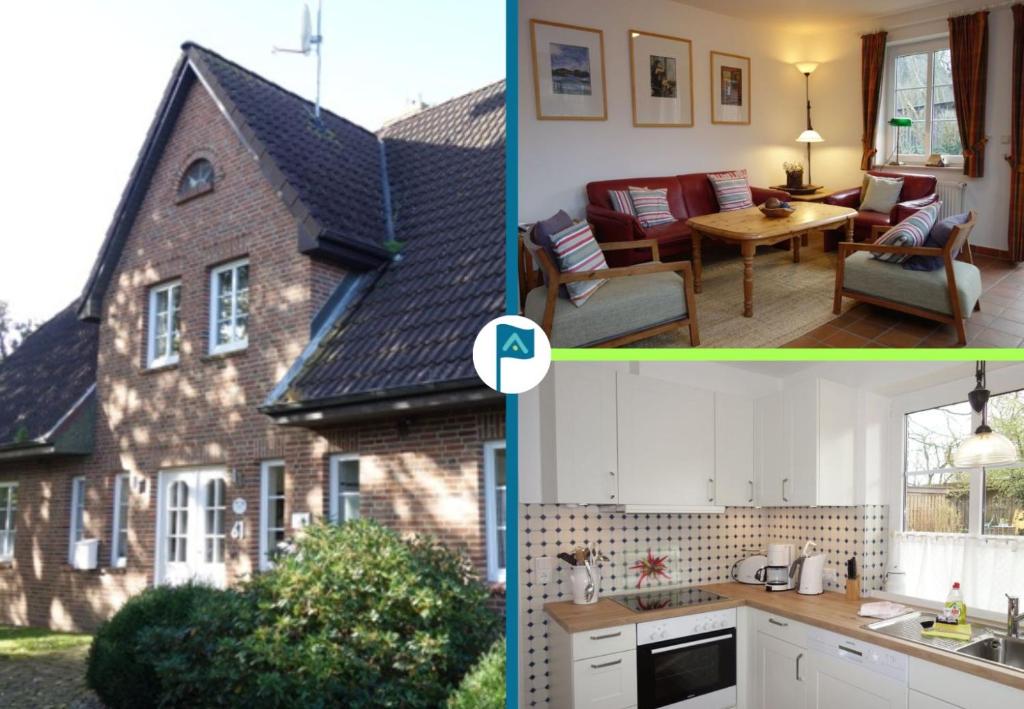 deux photos d'une cuisine et d'une maison dans l'établissement Ferienhaus Adebar 1, à Oevenum