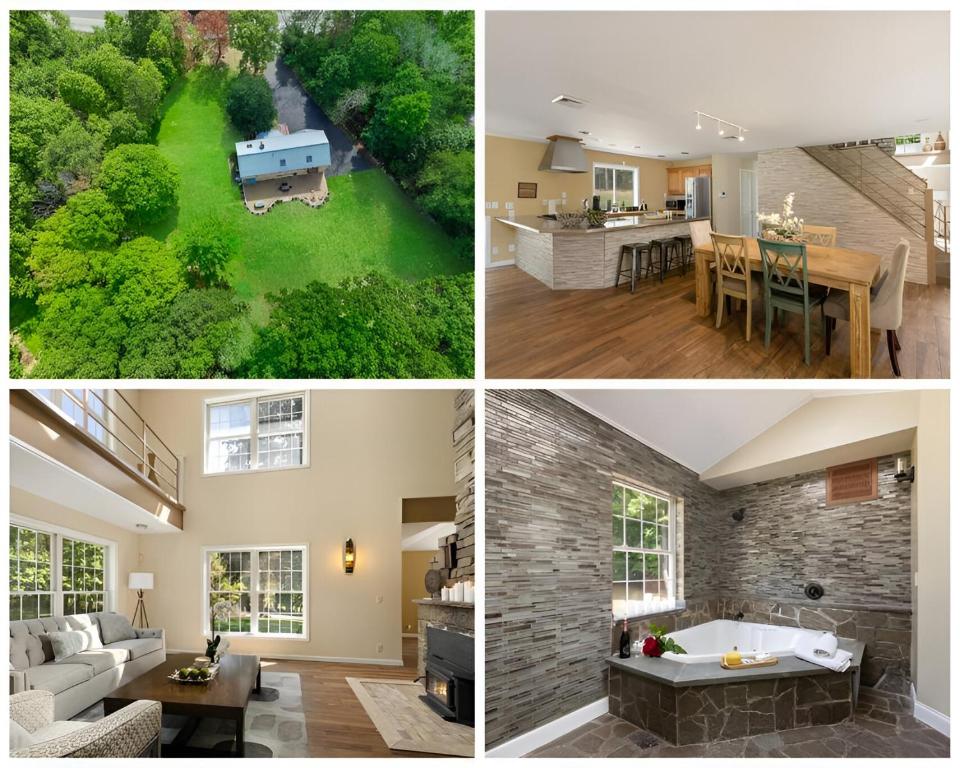 four different views of a living room and a house at Nature Getaway Charming Villa Near Trails & Parks in Monroe