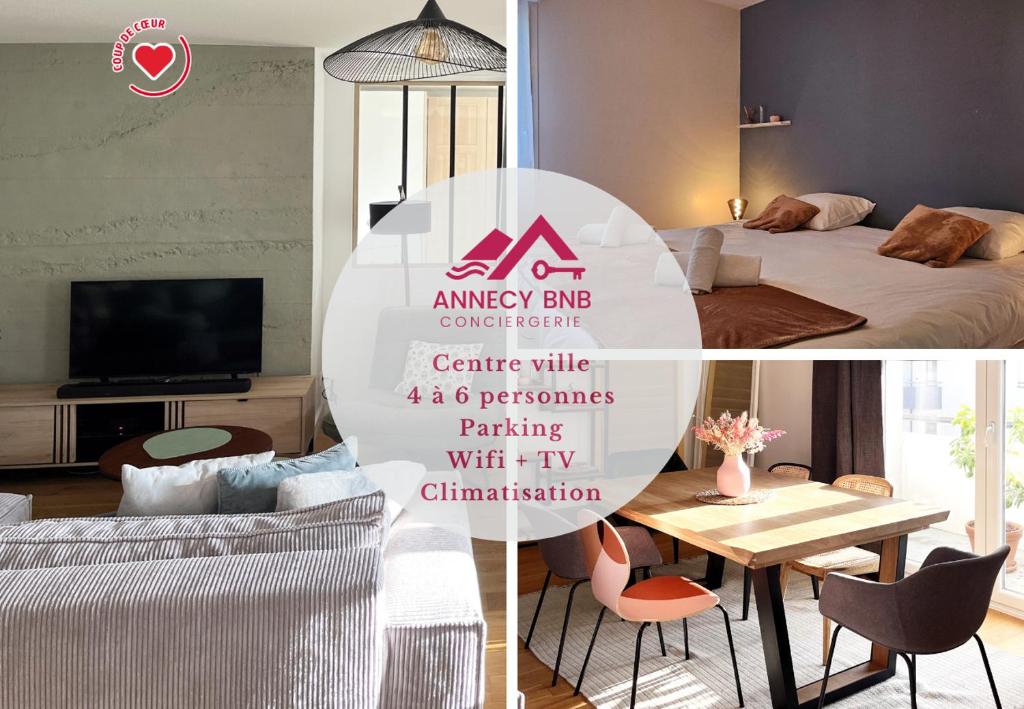 un collage d'images d'une pièce avec une chambre dans l'établissement Chez Marlay, centre ville , 3 chambres , clim, à Annecy