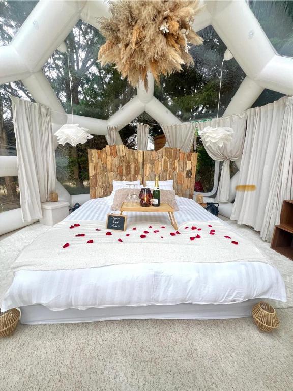 - une chambre avec un lit orné de roses dans l'établissement Le Dôme du Lac, à Prouilly