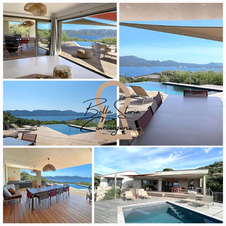 un collage de photos d'une maison dans l'établissement Villa Cazélie, piscine vue splendide sur le Golfe, à Porto-Vecchio