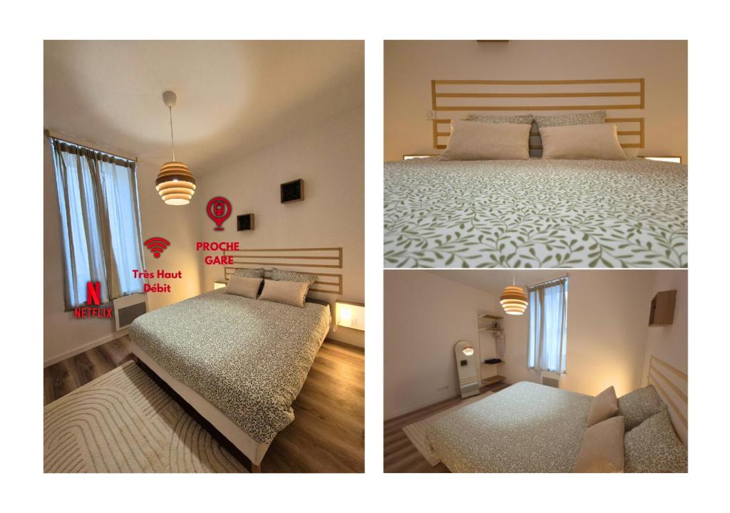 3 photos d'une chambre avec un lit et une fenêtre dans l'établissement La Savane de VICHY - 4 min GARE, à Vichy