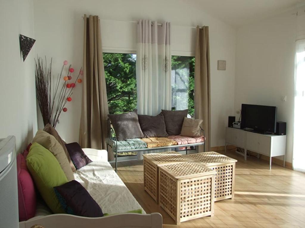 un salon avec un canapé et une télévision dans l'établissement Le bois Flotée Cottage avec jardin, Lac 6 min, Océan plage 15 min, à Hourtin