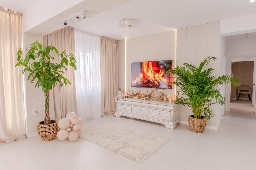 een woonkamer met 2 potplanten en een open haard bij Penthouse View Aeroport Iasi 2 in Iaşi