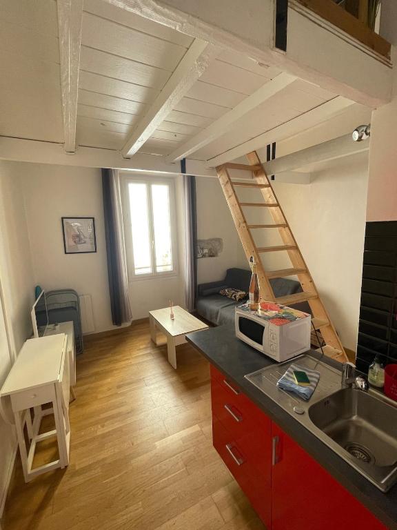 Il dispose d'une cuisine et d'un salon avec une mezzanine. dans l'établissement Studio centre ville à 5min plages, palais et gare, à Cannes