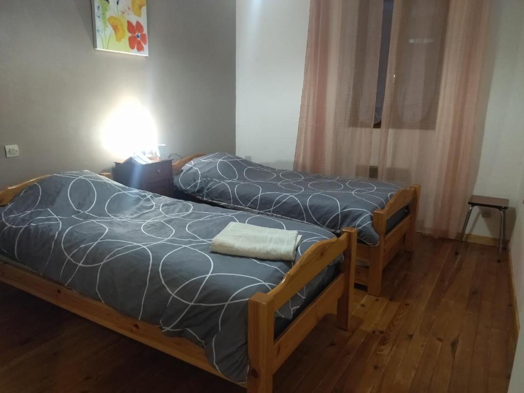two beds in a small room with a lamp at Maison au cœur d'un petit village in Goutrens