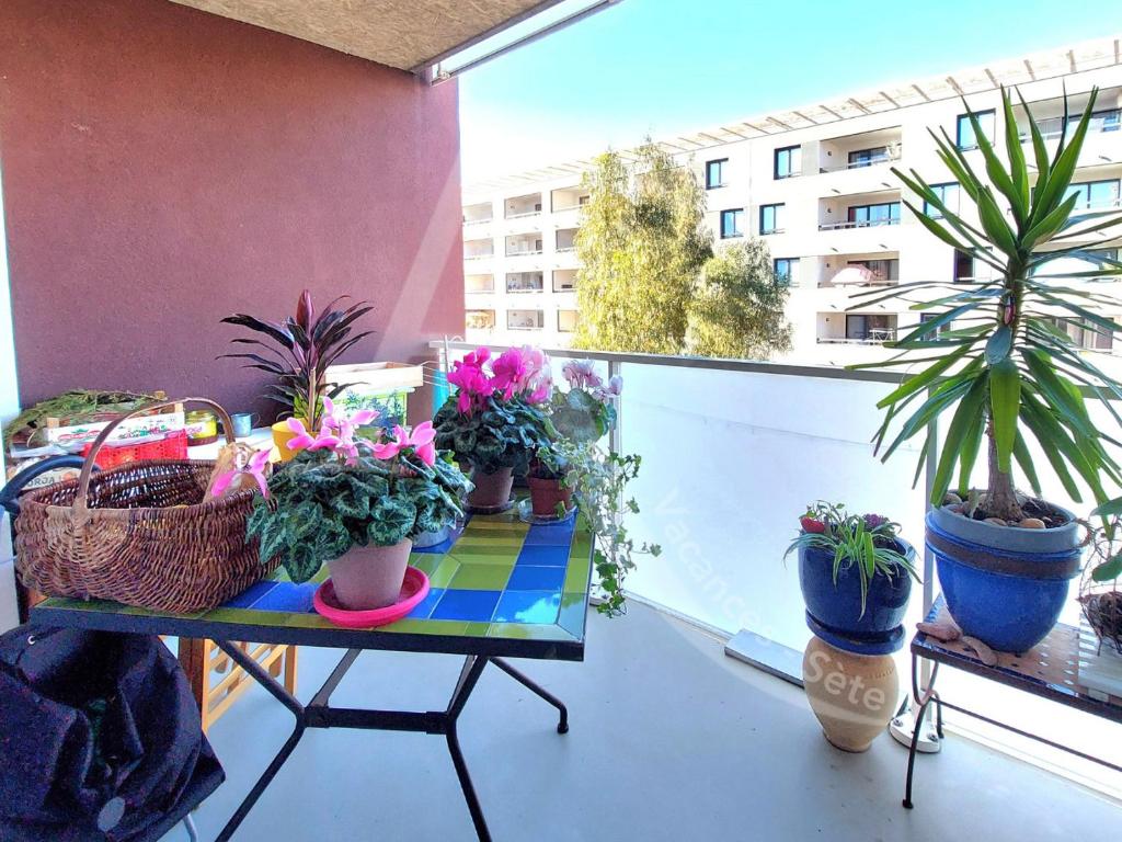 un balcon avec des plantes en pot assises sur une table dans l'établissement T2 avec terrasse, clim dans le salon, parking a quelques pas des plages, à Sète
