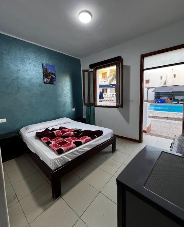 a bedroom with a bed and a table and a window at Octopus Hotel in Dahab