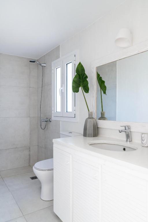 a bathroom with a sink and a toilet and a mirror at Villa Seascape, Beachfront Living in the Greek Riviera Porto Heli in Porto Heli