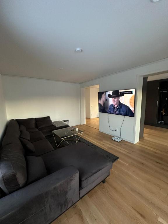 a living room with a couch and a flat screen tv at Luxury Apartment,close to city in Örebro