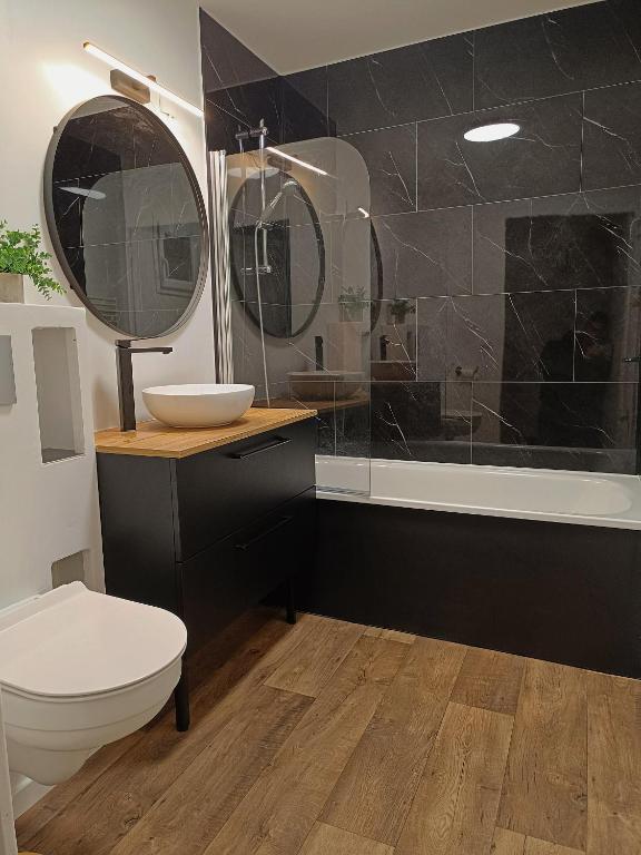 La salle de bains est pourvue de toilettes et d'une douche avec miroirs. dans l'établissement Studio les Hauts de Honfleur, à Équemauville