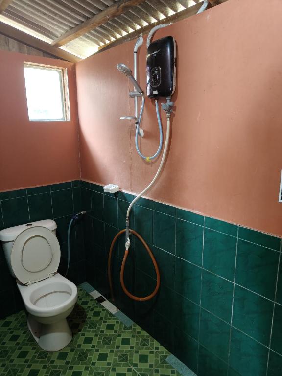 a bathroom with a toilet and a shower at Permata Beach Chalet in Kampong Juara