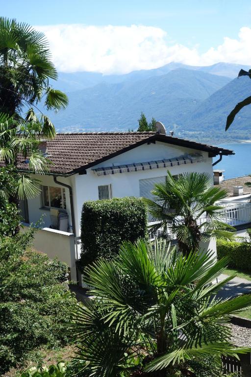 a white house with palm trees and mountains in the background at Casa Angela in Orselina