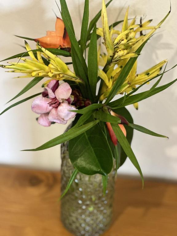 a vase filled with flowers on a table at Ononui Lodge Airport, Ocean-View, Private Bathroom and Balcony, Free WiFi and Parking, On-Site Car Rental in Faaa