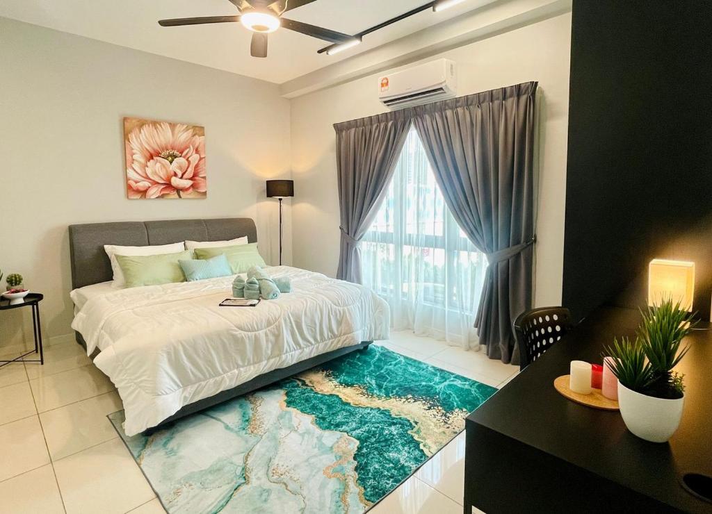 a bedroom with a floor that looks like a map at Emira Residence by AisyieraLodgestay in Shah Alam