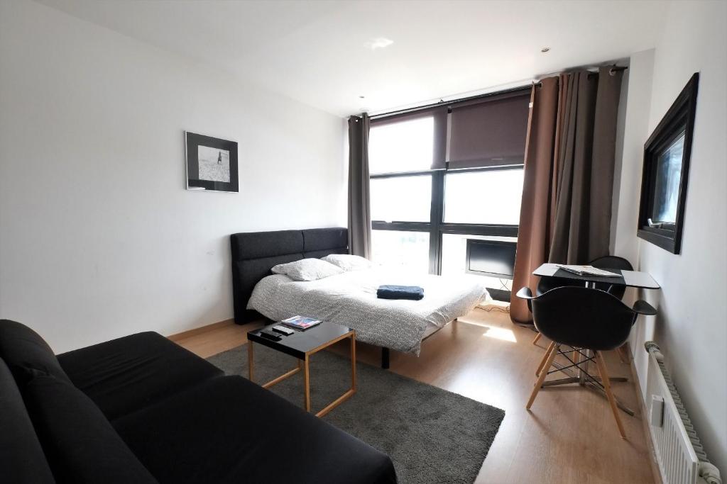 ein Wohnzimmer mit Sofa und Tisch in der Unterkunft Appartement Gare Lille Europe in Lille