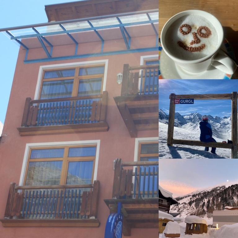 a collage of photos of a building with a cup of coffee at Appartement Gurgl in Obergurgl