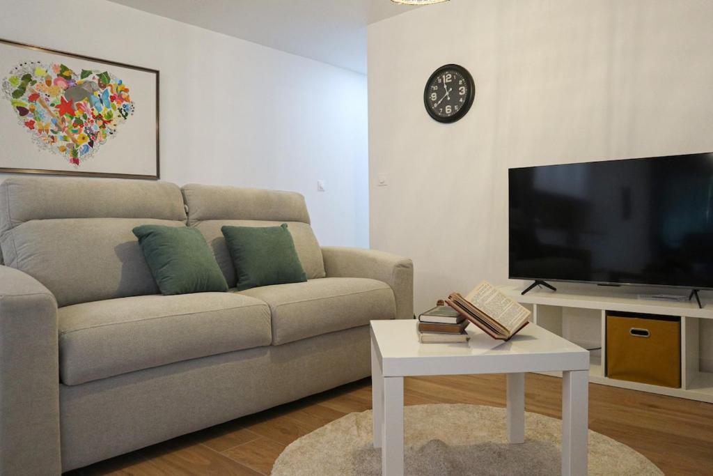 a living room with a couch and a tv and a table at Plaisir partagé Apartment in Huningue
