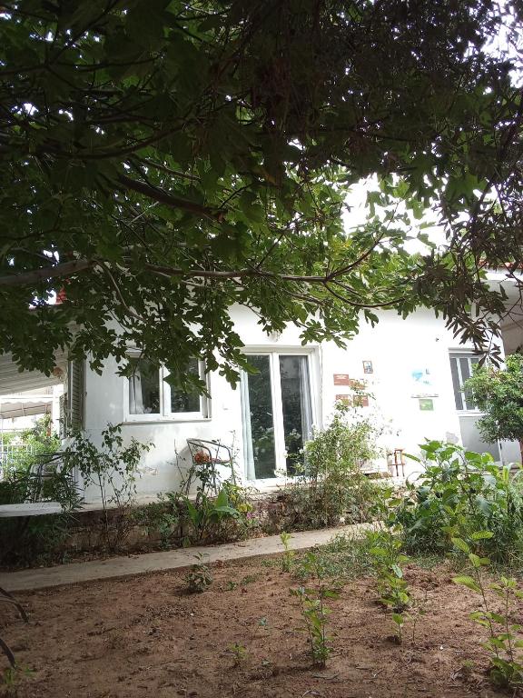 a white house with two windows and a yard at Smal villa loft near the beach in Panayía Mesosporítissa