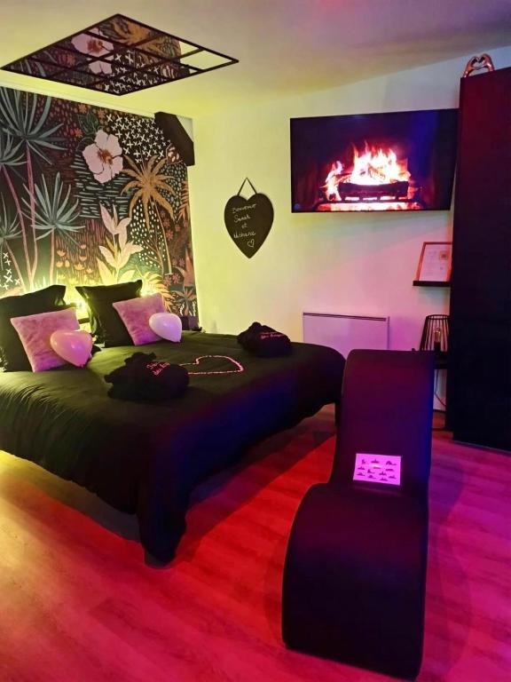 - une chambre avec un grand lit et une cheminée dans l'établissement Love room Spa 
