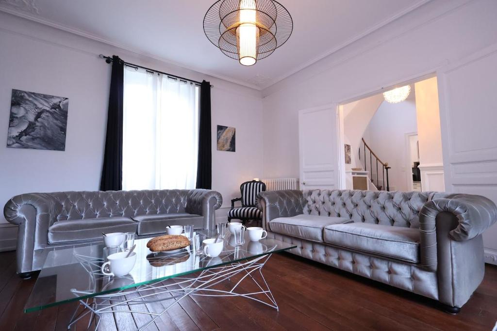 un salon avec deux canapés et une table dans l'établissement E Le clos des lumières, maison 13 pers avec jardin, à Épernay