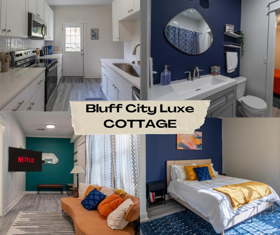 a collage of photos of a kitchen and a bathroom at Bluff City Luxe Cottage in Memphis