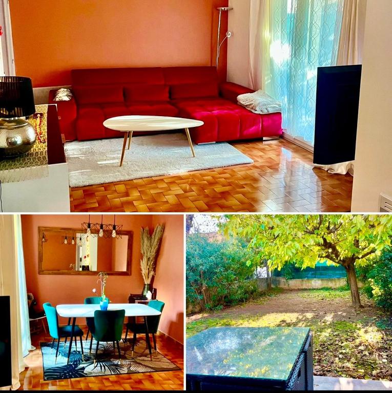 un salon avec un canapé rouge et une table dans l'établissement havre de paix au Porte d 'Avignon, aux Angles (Gard)